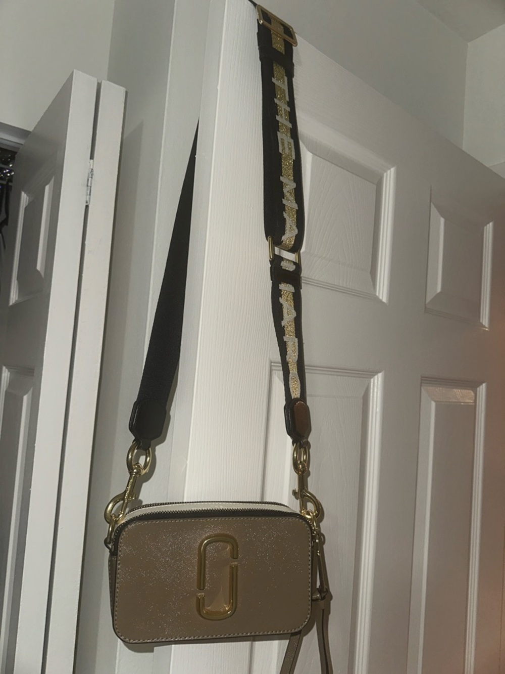 Marc Jacobs Tan Crossbody Camera Bag with Gold Logo Hardware